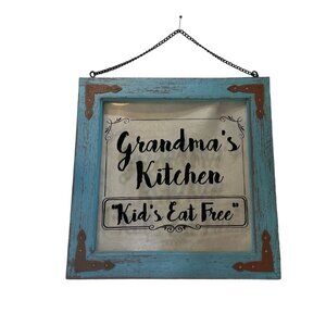 Grandmas Kitchen Sign "Kids Eat Free" Rustic Blue Frame 10x10”